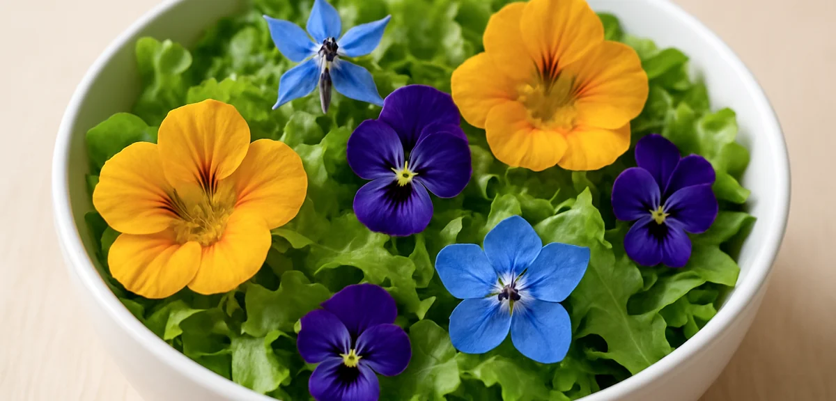 A close-up of nasturtium, borage, and viola flowers being arranged on a fresh salad bowl. Photoreali