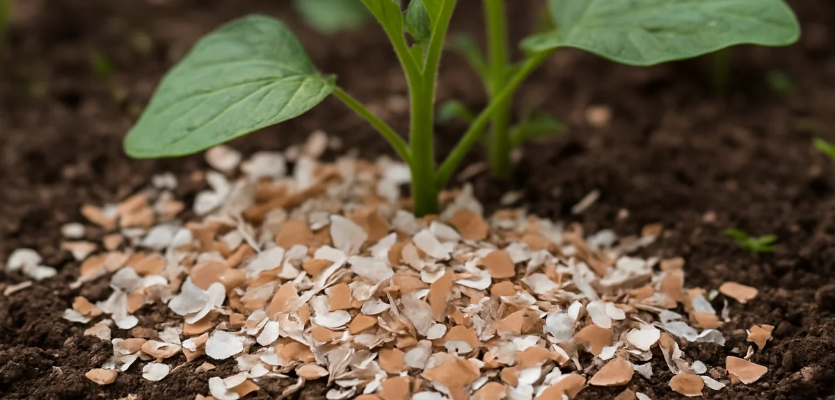 Crushed eggshells being sprinkled around the base of vegetable plants for slug deterrent. Close-up s