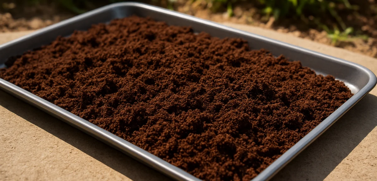 Used coffee grounds drying on a tray in a sunny area, ready to be composted for garden use. Photorea