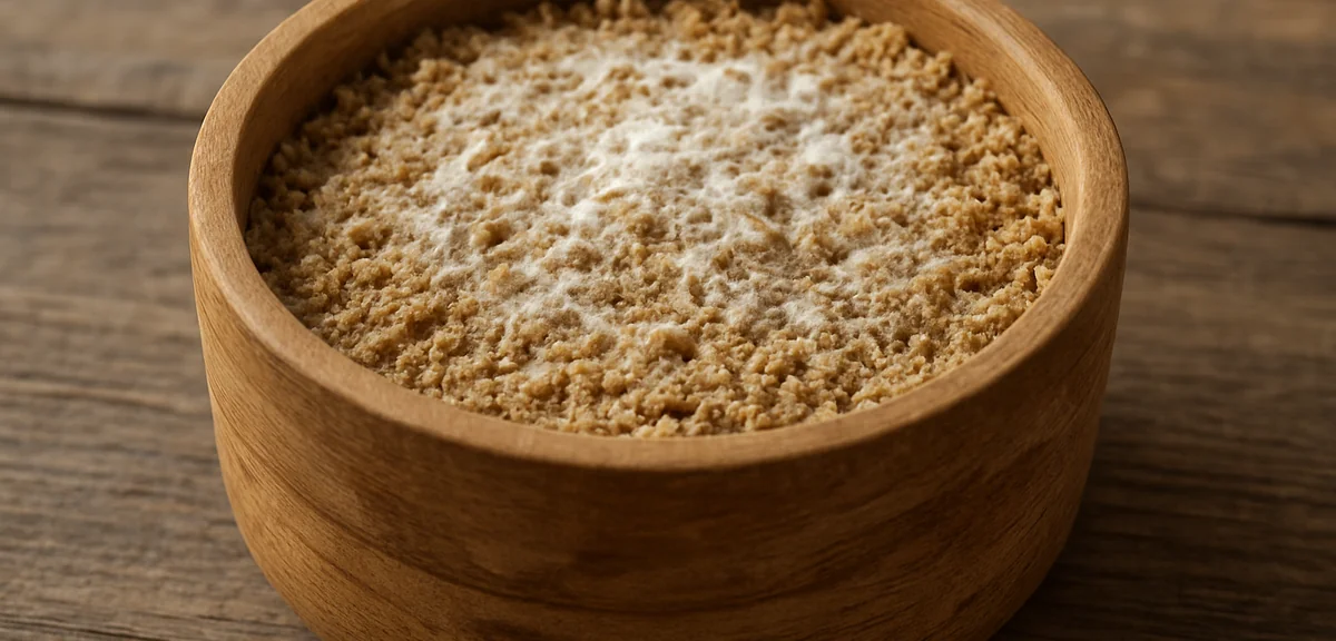 A wooden container of homemade rice bran bokashi fertilizer with white mycelium visible on the surfa