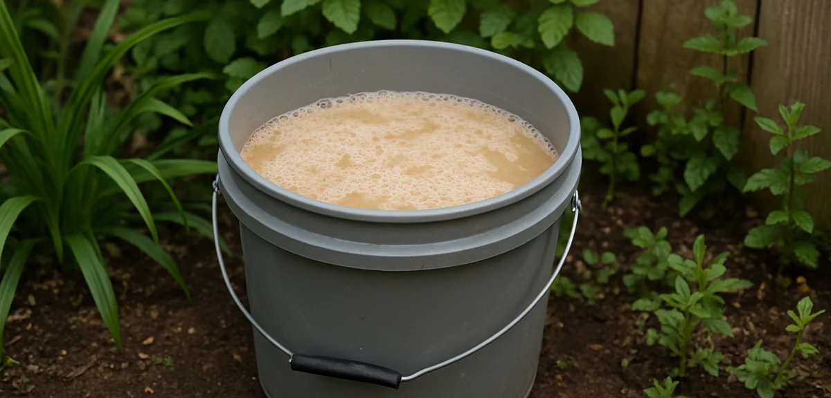 A bucket of homemade liquid fertilizer made from rice bran fermenting in a quiet corner of a garden.
