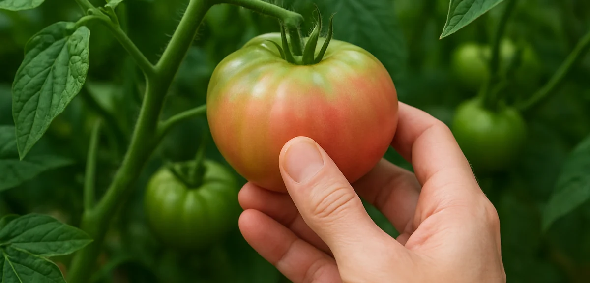 A hand harvesting a half-ripe tomato while it still shows pink coloring rather than fully red. Photo