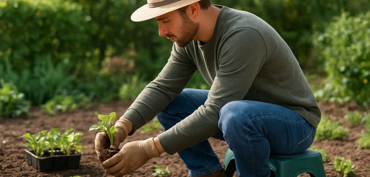 A gardener using a low garden stool while planting seedlings, maintaining good back posture. Photore