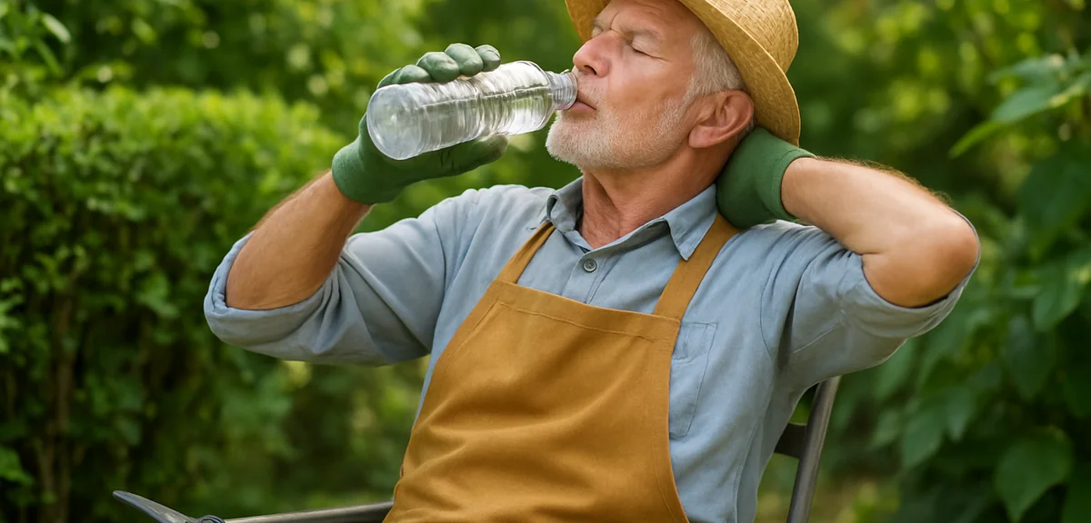 A senior gardener taking a break in a shaded area of the garden, stretching their back and drinking