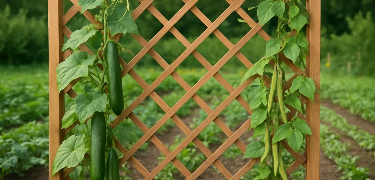 A wooden lattice fence supporting climbing vegetables like cucumbers and beans, with a vegetable gar