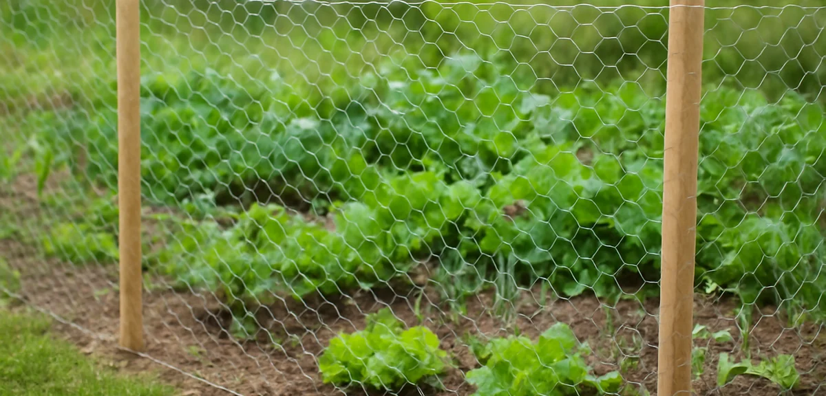 A simple wire mesh fence around a vegetable garden protecting from small animals and stray cats. Pho