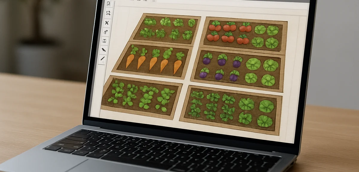 A laptop screen showing a digital garden layout software with colorful vegetable icons arranged in b