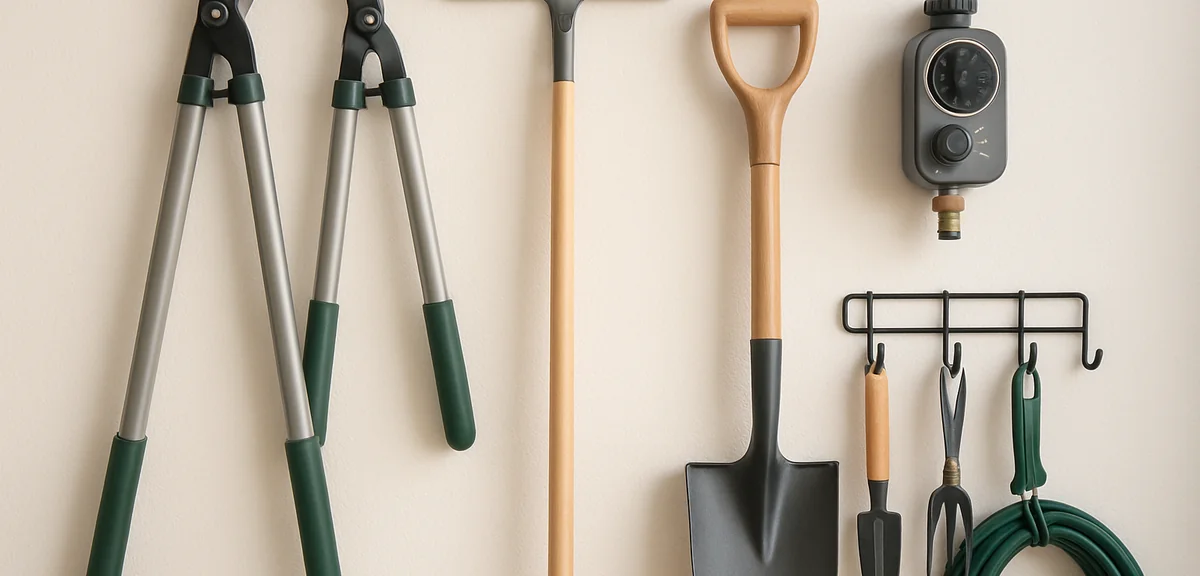 A well-organized garden tool storage with long-handled weed cutters, automatic watering timer, and b