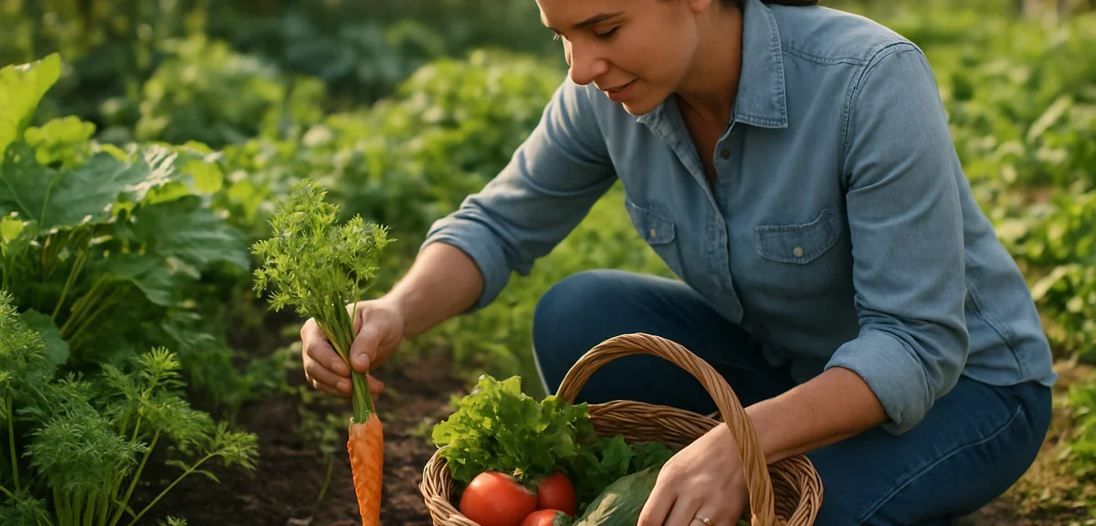 A working parent quickly harvesting vegetables on a weekend morning, with a basket of fresh produce