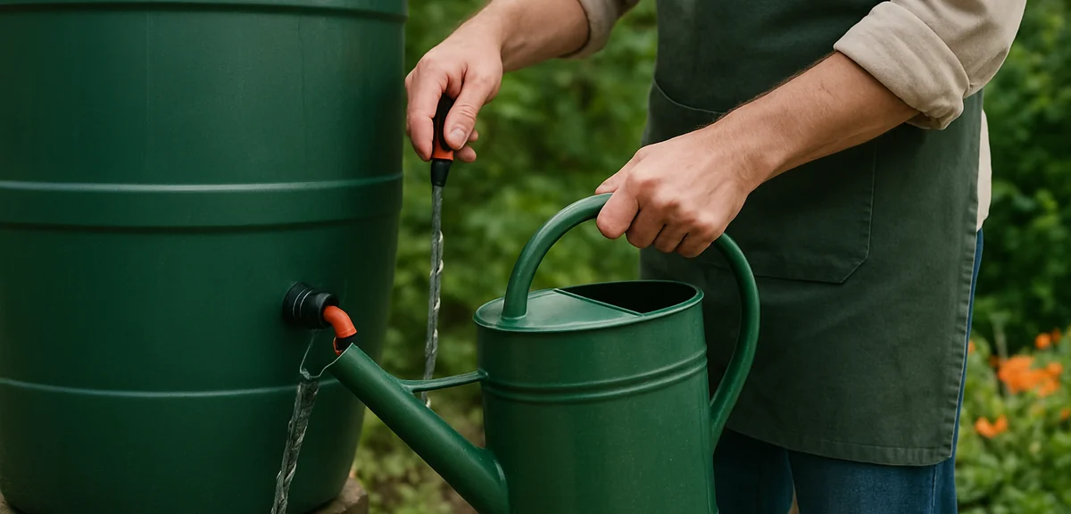 A gardener filling a watering can from a rain barrel as an alternative to tap water for sensitive pl
