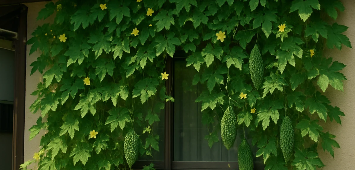 A wall of green goya (bitter melon) vines covering a south-facing window of a Japanese house. Yellow