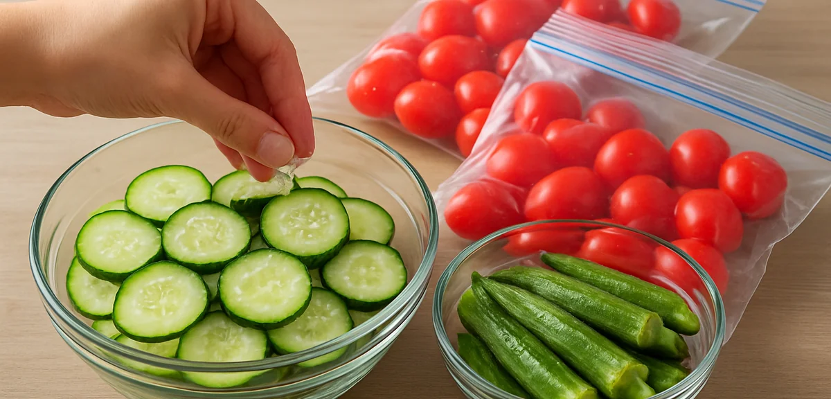 Various summer vegetables being processed for freezing - sliced cucumbers being salted, whole cherry