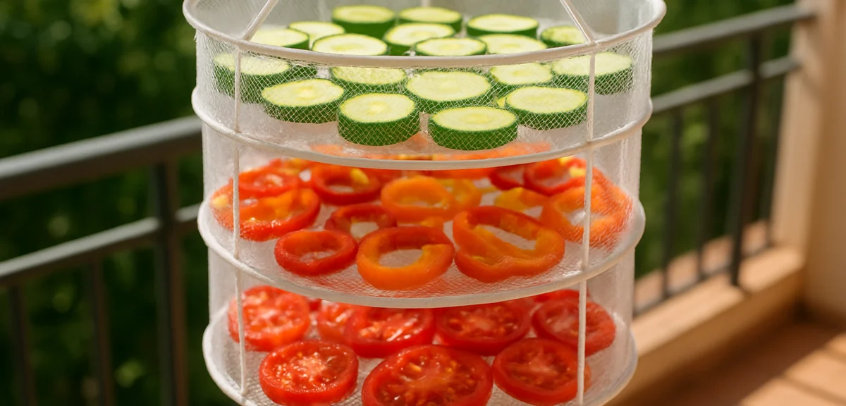 Sliced summer vegetables drying in a hanging dehydrator net on a sunny balcony. Cucumbers, peppers, 