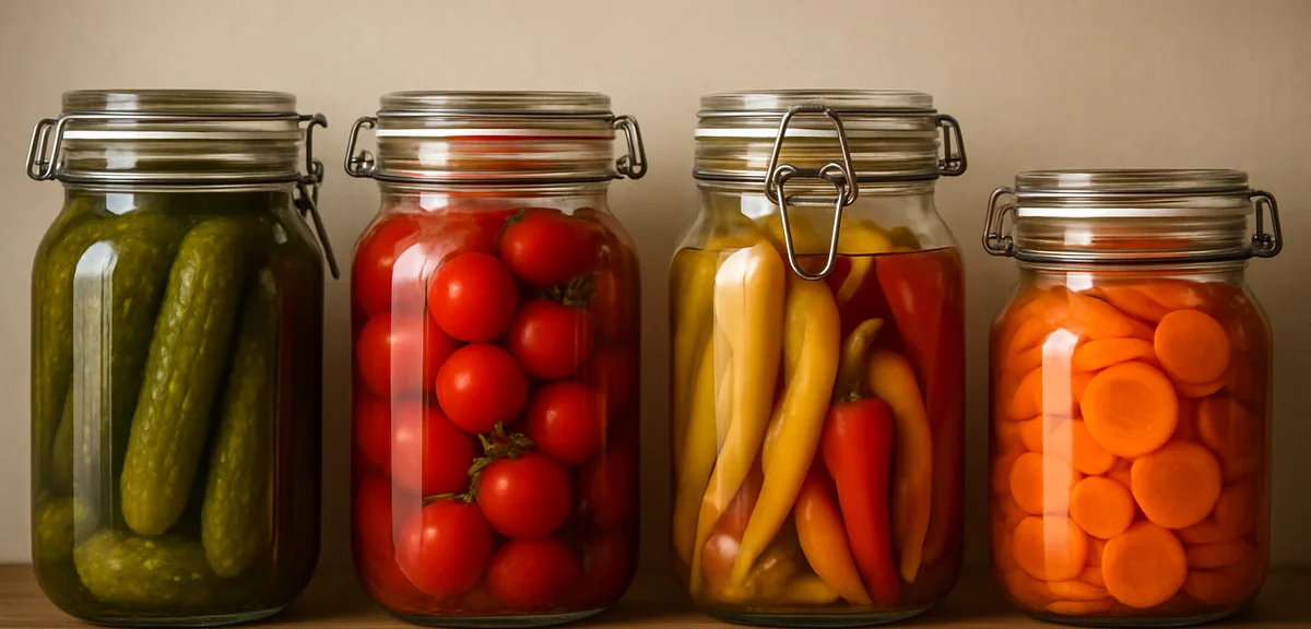 Glass jars filled with colorful pickled vegetables - cucumbers, cherry tomatoes, peppers, and carrot