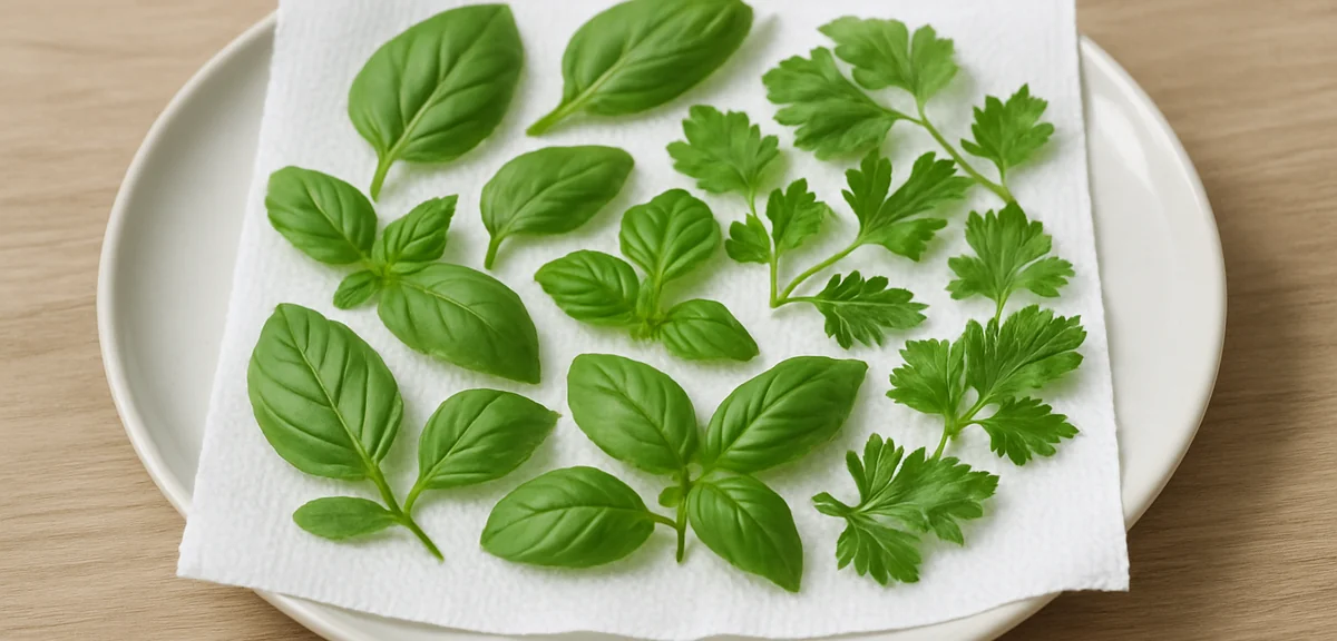 A microwave-safe plate with fresh herb leaves spread out on a paper towel ready for drying. Photorea