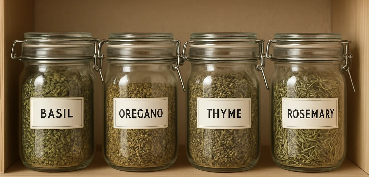 Successfully dried herbs in glass jars with labels showing different types of dried herbs. Kitchen p