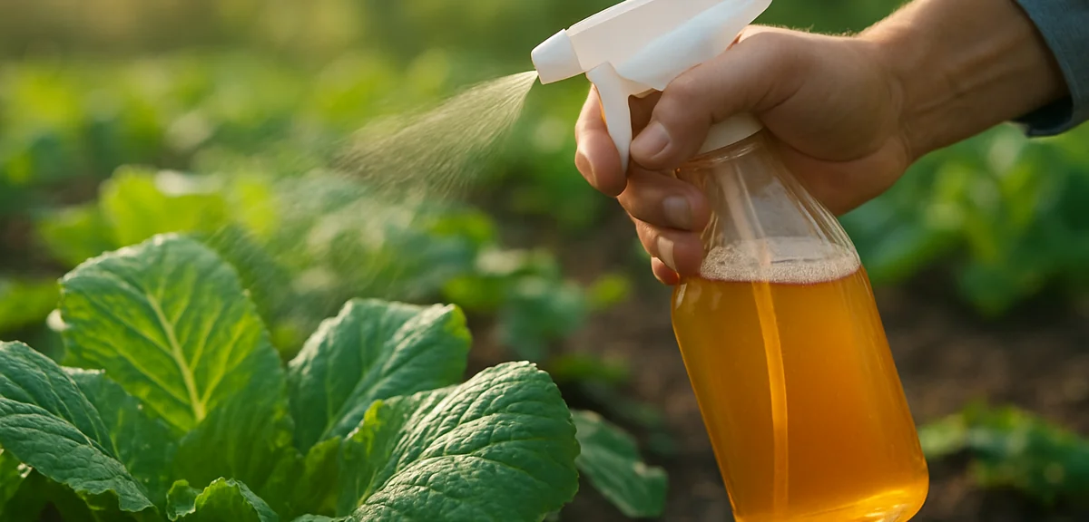 A spray bottle of homemade wood vinegar solution being applied to vegetable leaves in the morning. P