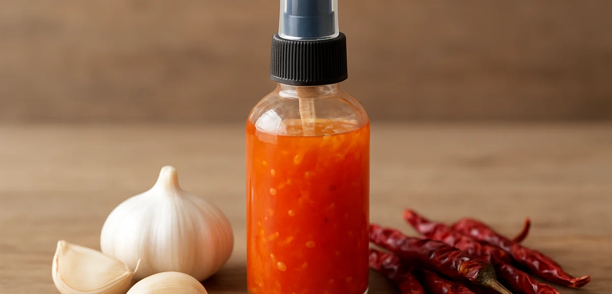 Homemade garlic and chili pepper spray in a glass bottle next to fresh garlic cloves and dried chili