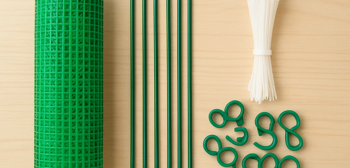 A display of various 100-yen store gardening products - plastic netting, fiberglass stakes, zip ties