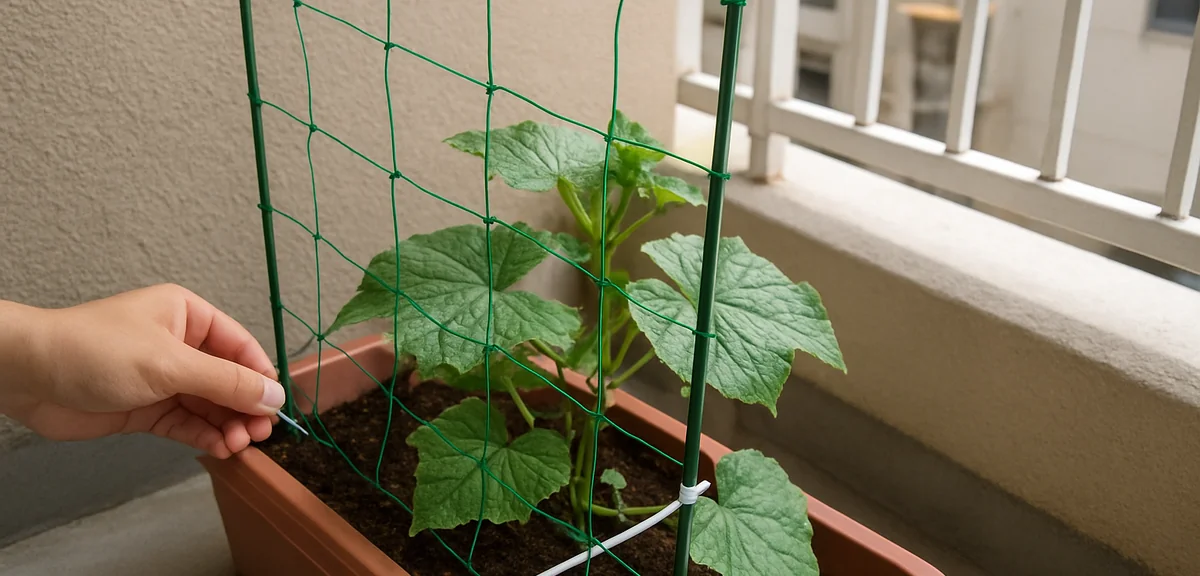 A step-by-step setup of cucumber net trellis on a balcony planter using 100-yen store products. Show