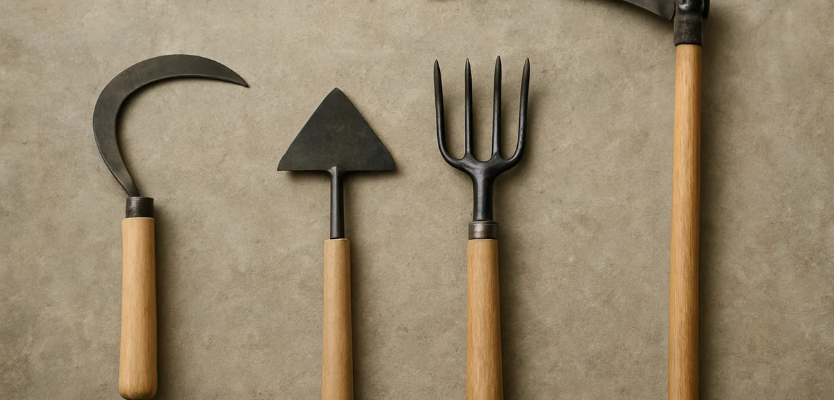 Various weeding tools laid out - nejirigama, triangular hoe, weeding fork, and standing scythe. Prac