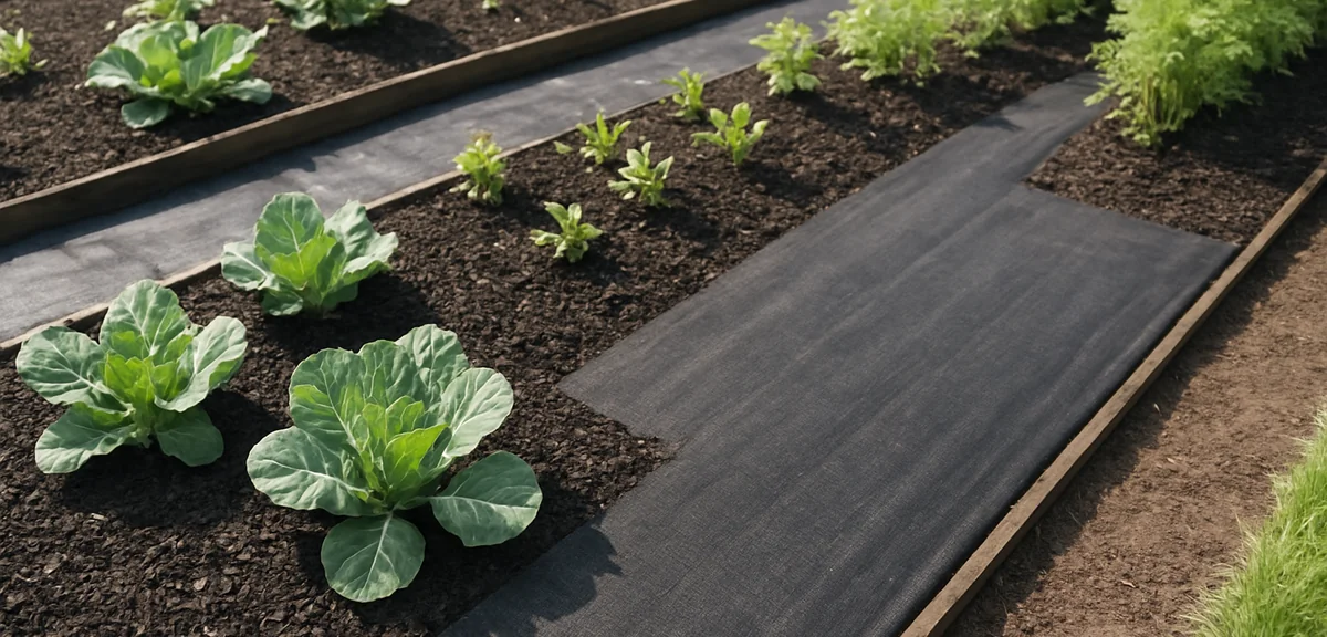 A vegetable garden with weed prevention measures - black mulch on beds and weed-blocking fabric on p