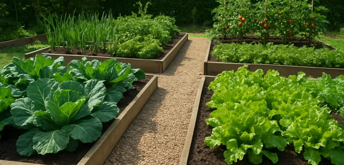 A clean home vegetable garden with no visible weeds, well-maintained beds and clear pathways during 