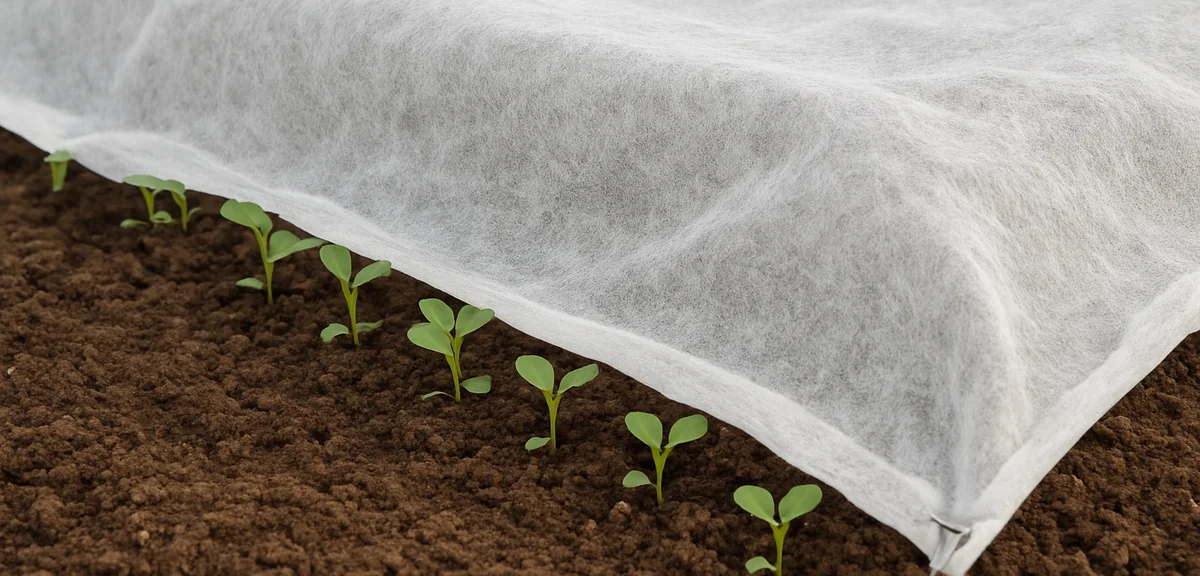 A row of seedlings covered with white nonwoven fabric directly on top - showing the betagake method.
