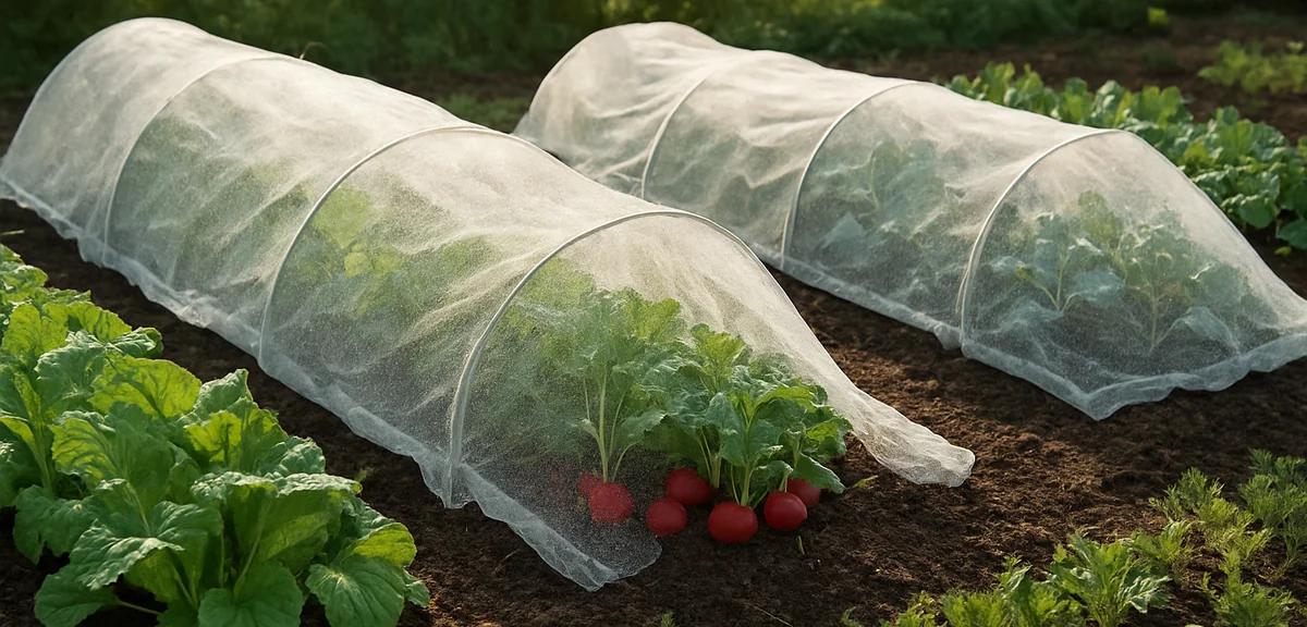 Various vegetables under nonwoven fabric covers in a home garden - leafy greens, radishes, and small