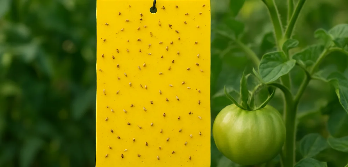 A yellow sticky trap suspended over a tomato plant with various small insects captured on its surfac