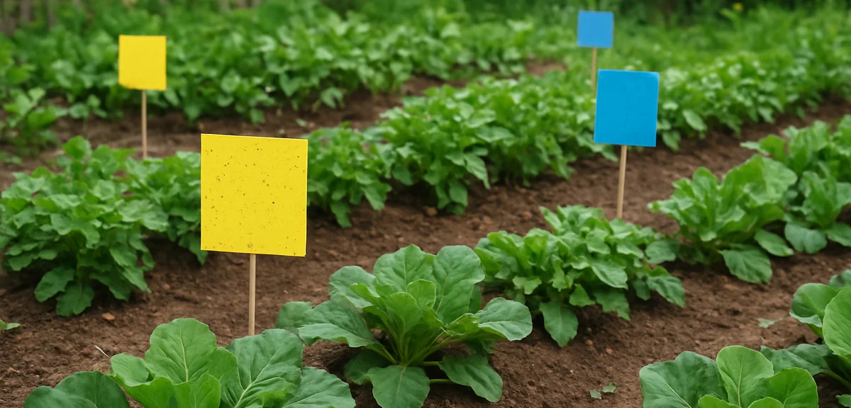 Multiple yellow and blue sticky traps strategically placed in different areas of a home vegetable ga