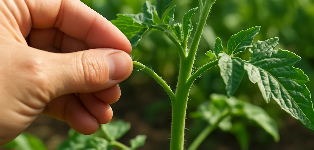 A close-up of fingers pinching off a small tomato sucker between the main stem and a leaf in a sunny