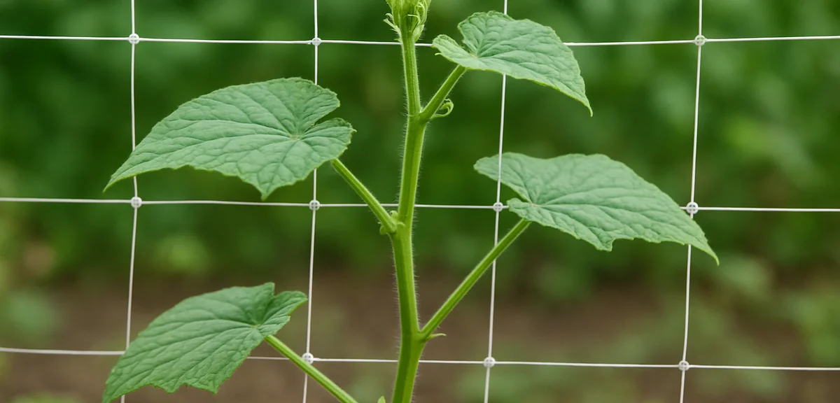 A cucumber plant being managed with side shoots pinched and trained on a trellis net. Showing health