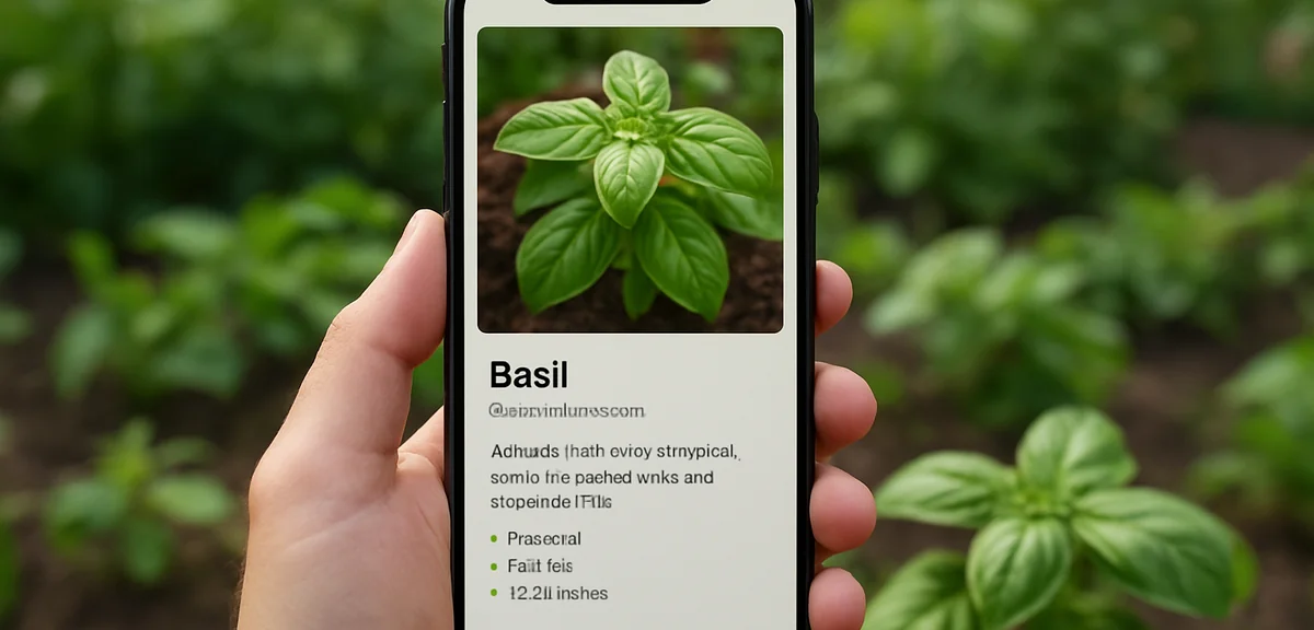 A smartphone screen showing a plant identification app result with detailed information about a basi