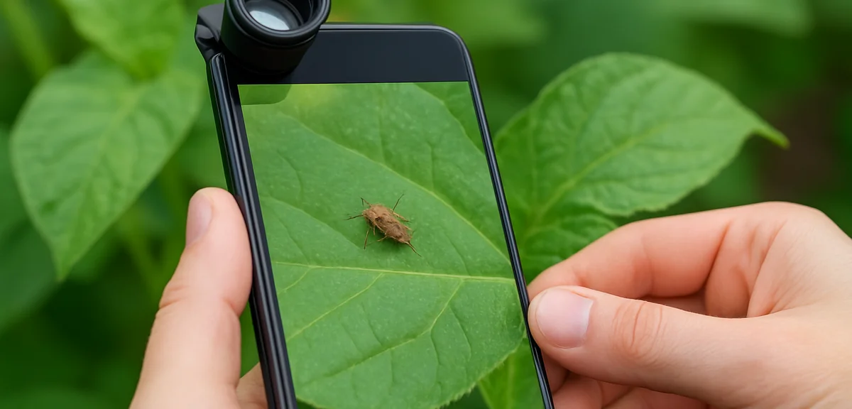 A close-up of identifying a small insect on a vegetable leaf using a macro lens attached to a smartp