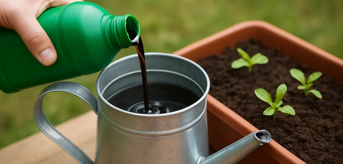 A close-up of liquid fertilizer being diluted in a watering can next to a planter with vegetable see