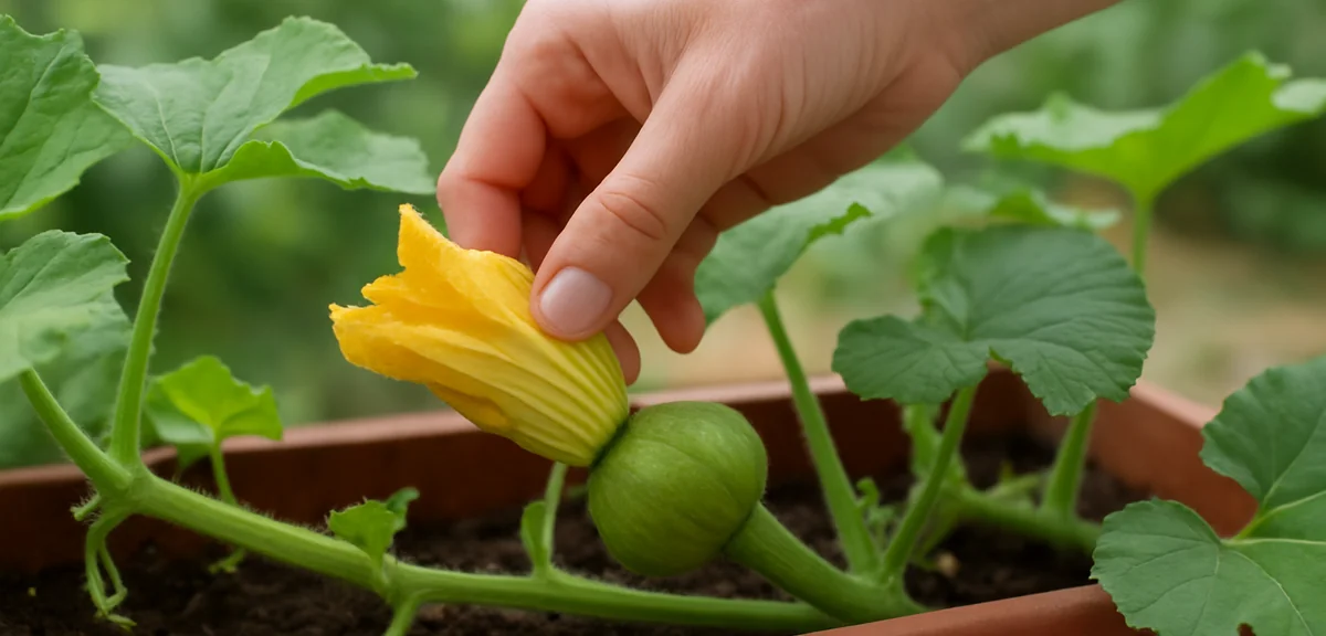 プランターでミニカボチャを人工授粉する手元のクローズアップ。雄花を雌花にやさしくこすりつける朝の作業。