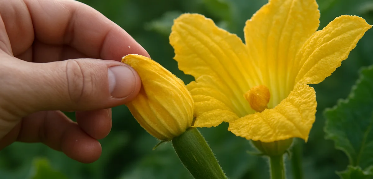 A close-up of a hand performing artificial pollination on a zucchini flower in the early morning. Ma