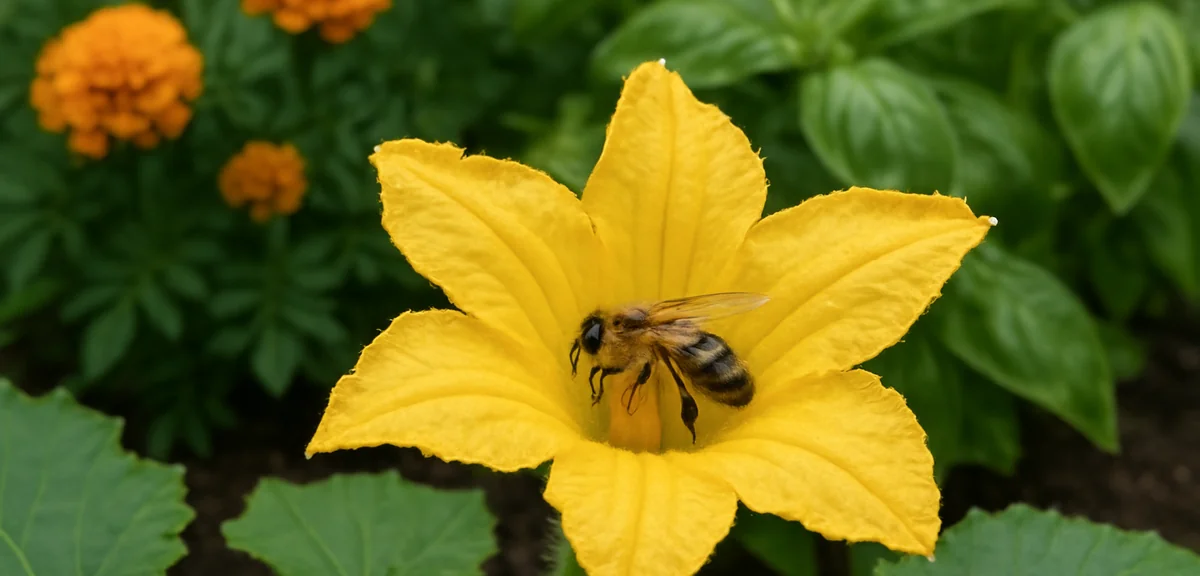 A bee pollinating a yellow squash flower in a vegetable garden. Companion plants like marigold and b