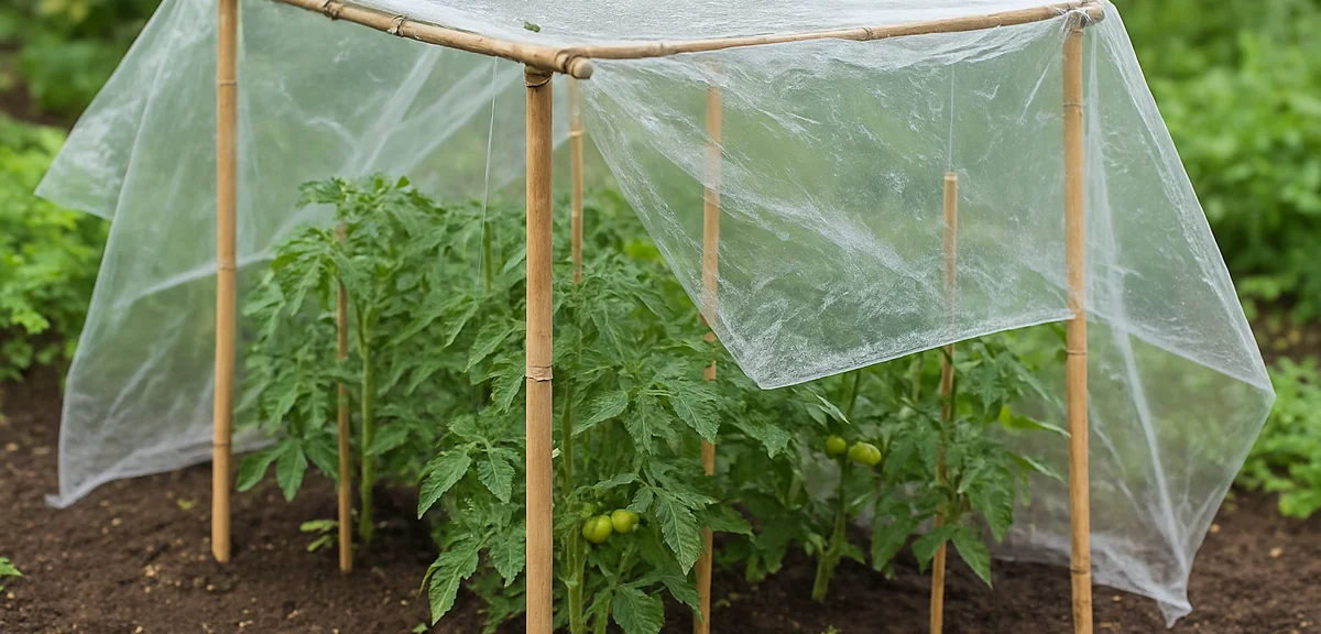 A simple DIY rain shelter being constructed over tomato plants with bamboo supports and clear plasti
