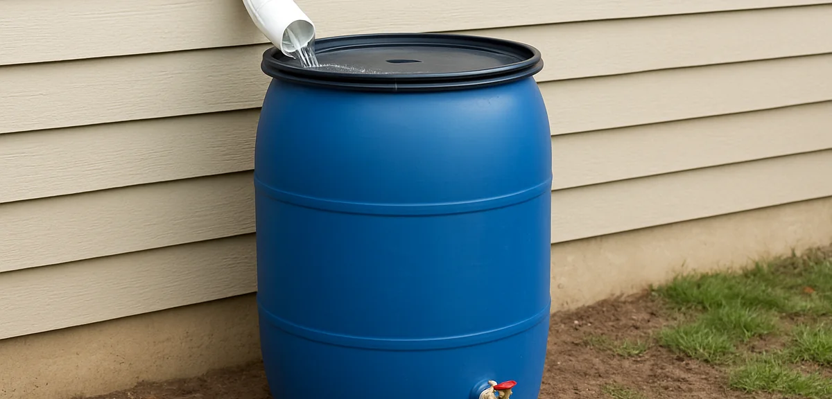 A DIY rain barrel made from a large plastic container with a tap installed at the bottom, collecting