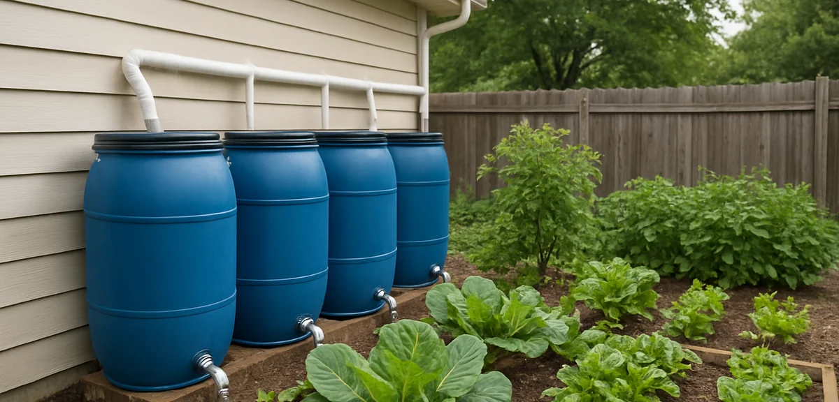 A backyard with rainwater being directed from gutters into multiple connected collection barrels for