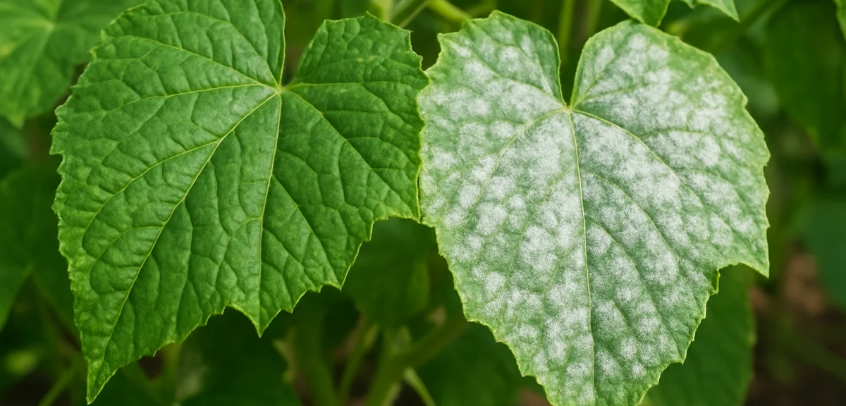A close-up of cucumber leaves showing the white powdery patches characteristic of powdery mildew, wi