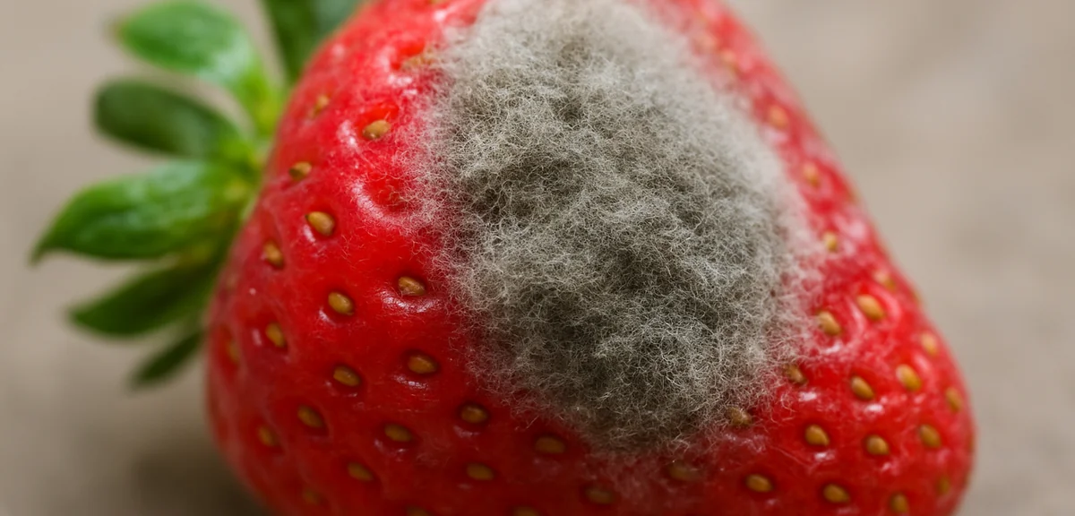 A close-up of strawberry showing gray mold disease with characteristic fuzzy gray growth on damaged