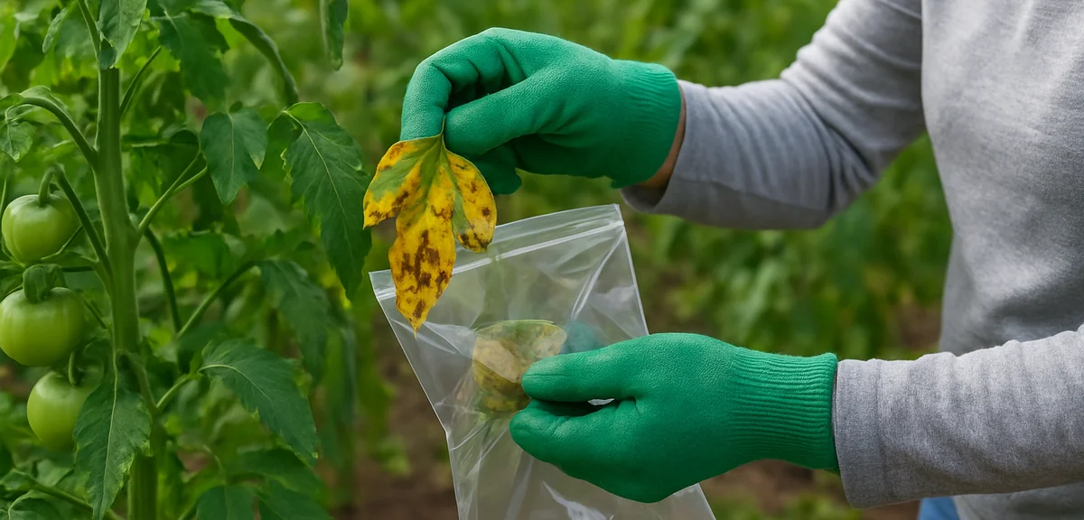 A gardener removing diseased leaves from a tomato plant and placing them in a sealed bag for disposa
