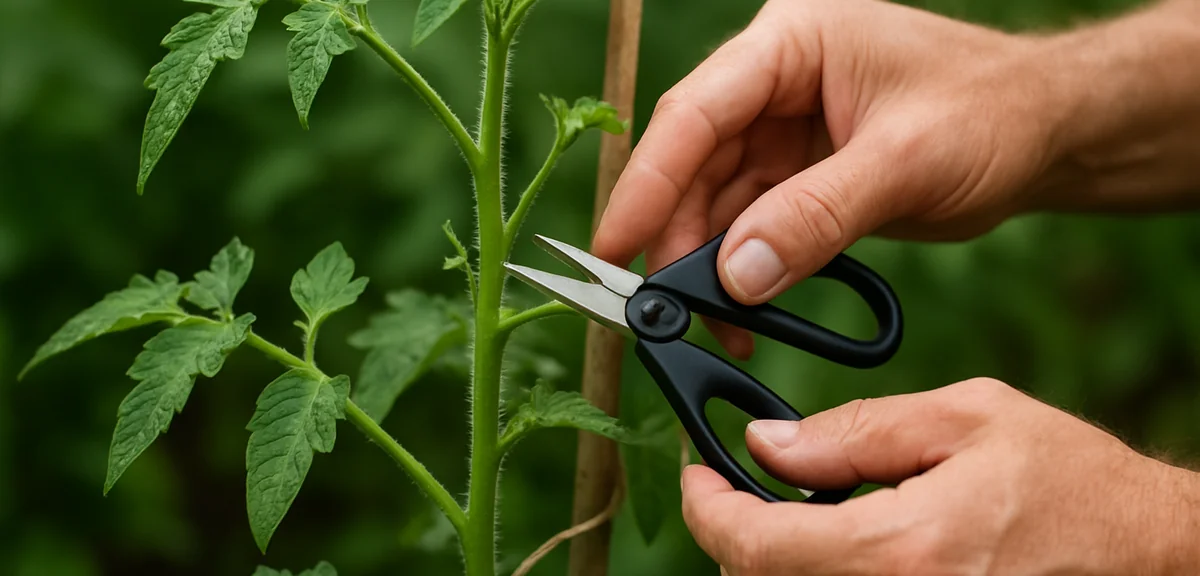 Hands pruning side shoots from a tomato plant during rainy season. Showing healthy growth management