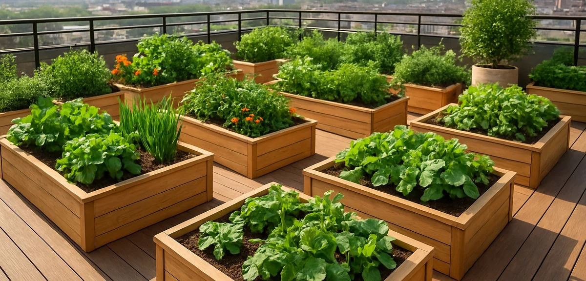 A well-designed rooftop garden with raised beds on a wooden deck base, planters arranged with proper
