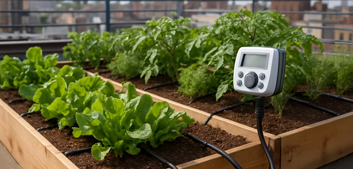 An automated drip irrigation system installed on a rooftop vegetable garden with timer controller. P