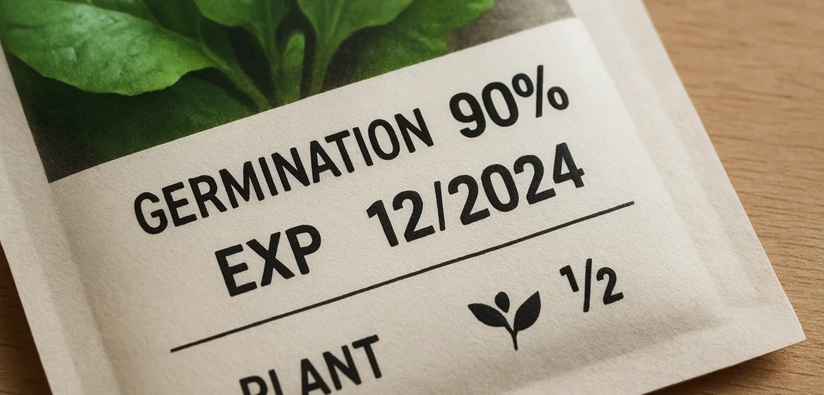 A close-up of a seed packet showing the germination rate, expiration date, and planting information 