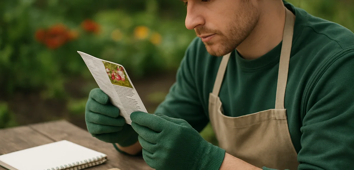 A gardener carefully reading the back of a seed packet while planning a spring garden, with seeds an